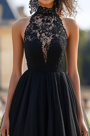 Black A Line Halter Tulle Long Formal Dress with Lace